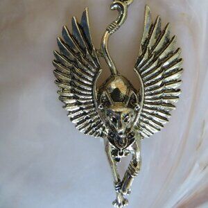 Egyptian Style Cat Pendant Gold Tone Metal 3D 2.75" (F71)